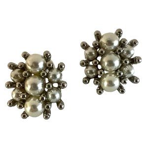 BR Signed White Pearl Cluster Earrings Silvertone Post